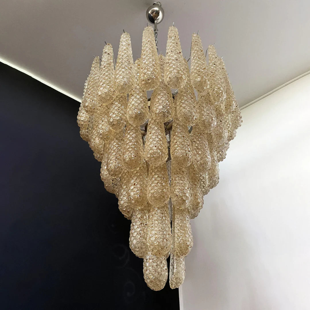 Lámpara de araña con colgantes de pétalos de cristal de Murano ámbar vintage