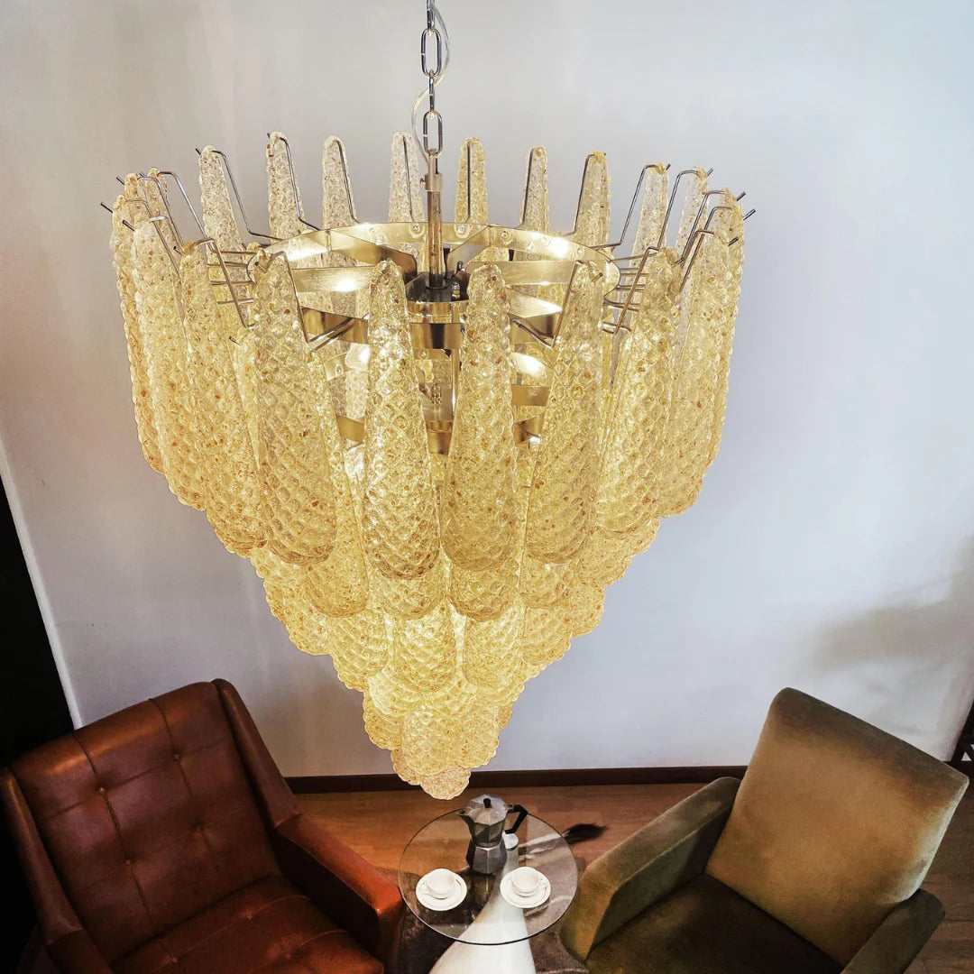 Lámpara de araña con colgantes de pétalos de cristal de Murano ámbar vintage