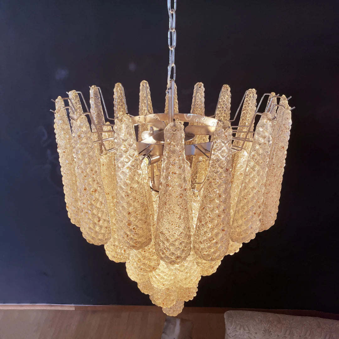 Lámpara de araña con colgantes de pétalos de cristal de Murano ámbar vintage