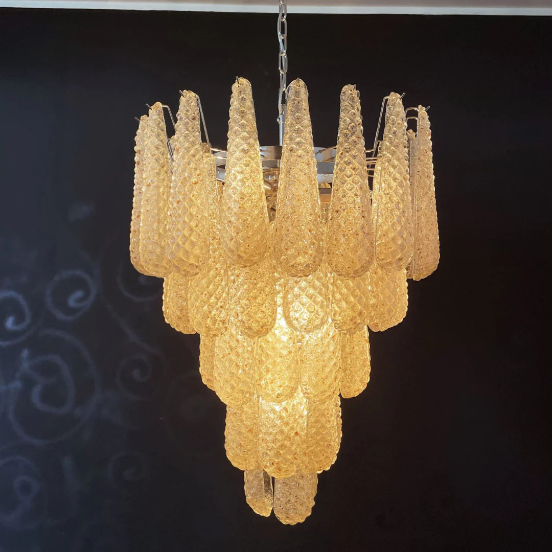 Lámpara de araña con colgantes de pétalos de cristal de Murano ámbar vintage