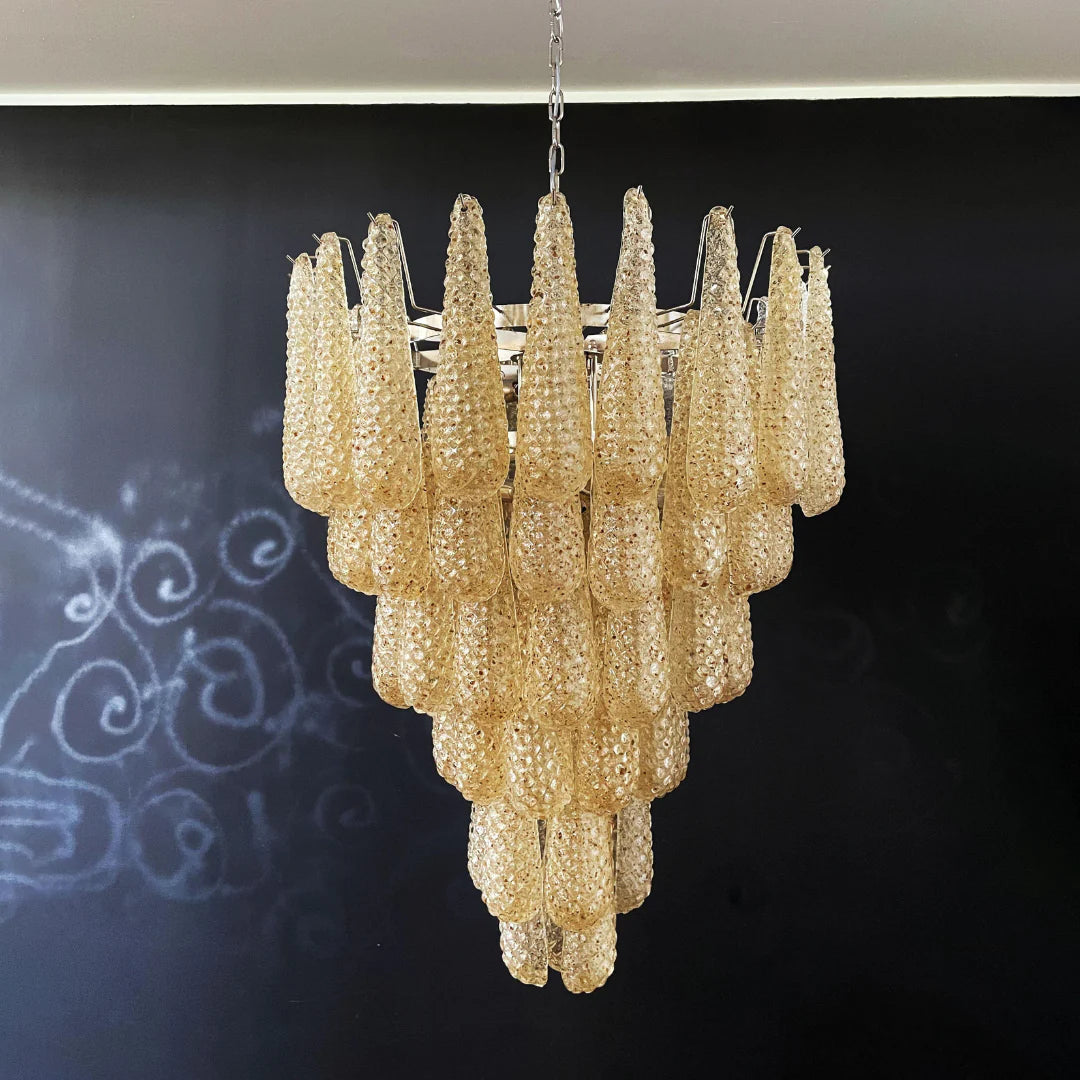 Lámpara de araña con colgantes de pétalos de cristal de Murano ámbar vintage