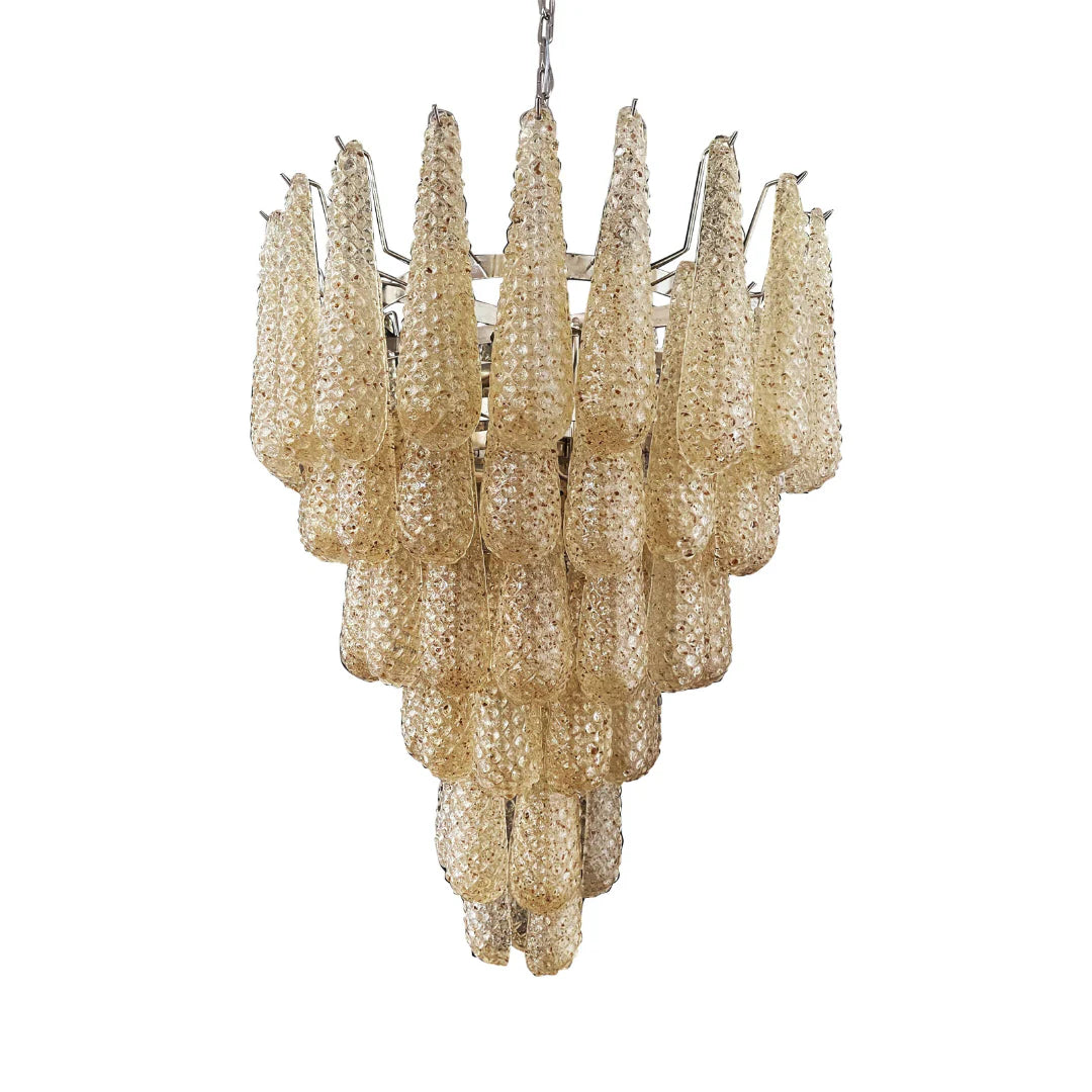 Lámpara de araña con colgantes de pétalos de cristal de Murano ámbar vintage