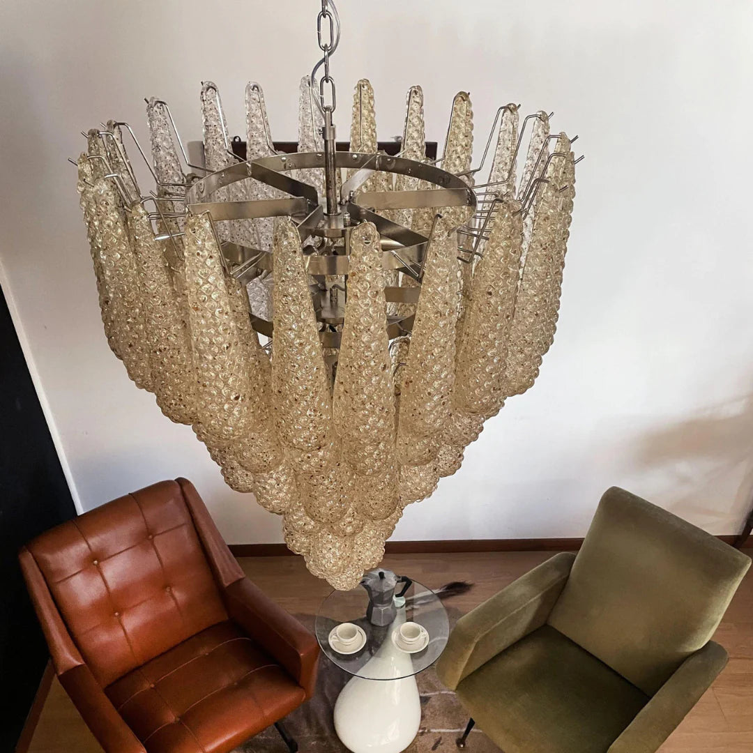 Lámpara de araña con colgantes de pétalos de cristal de Murano ámbar vintage