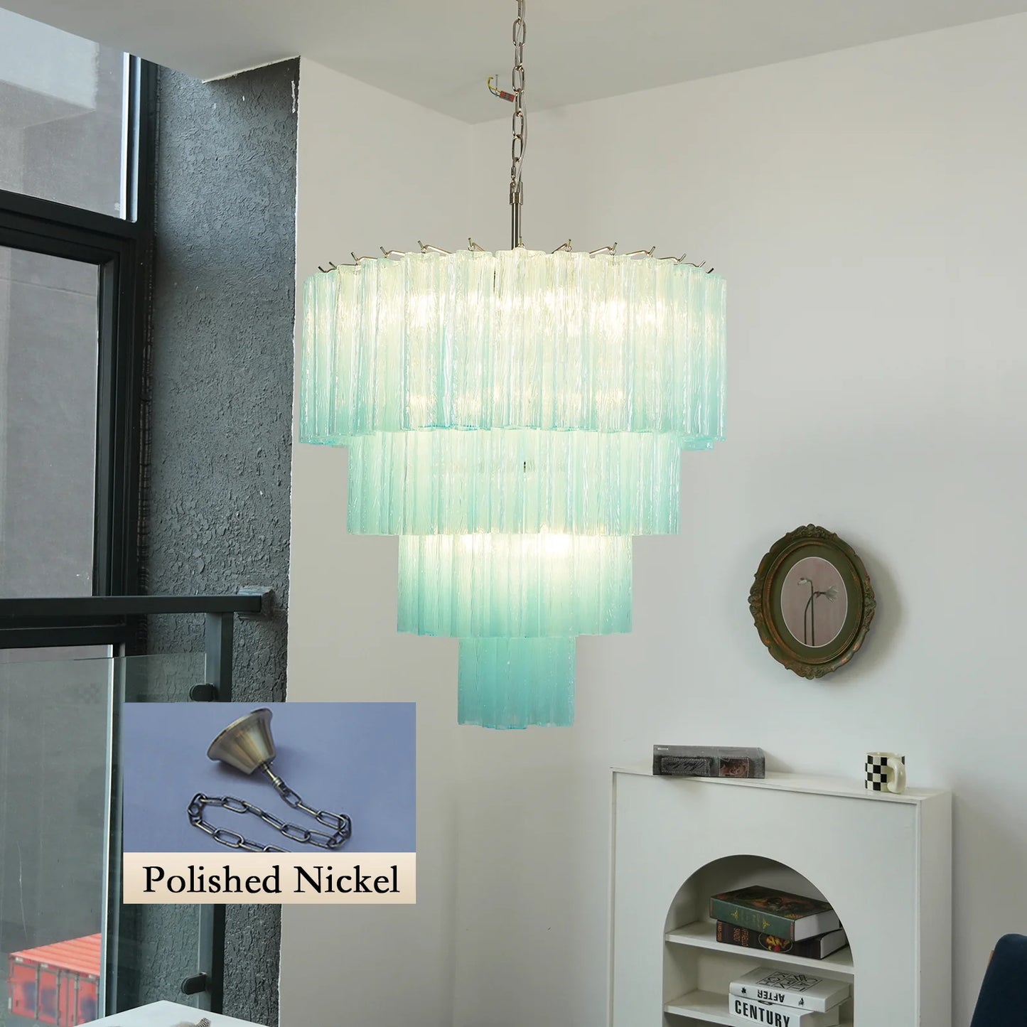 Lámpara de araña con tubos de cristal azul de Murano