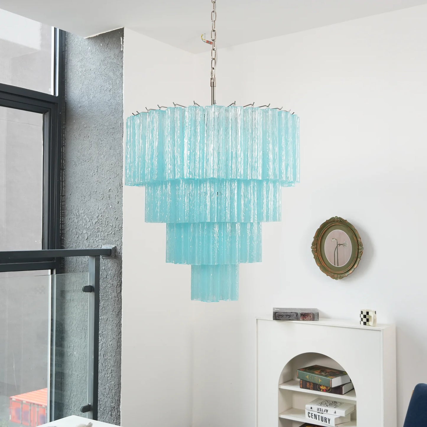 Lámpara de araña con tubos de cristal azul de Murano
