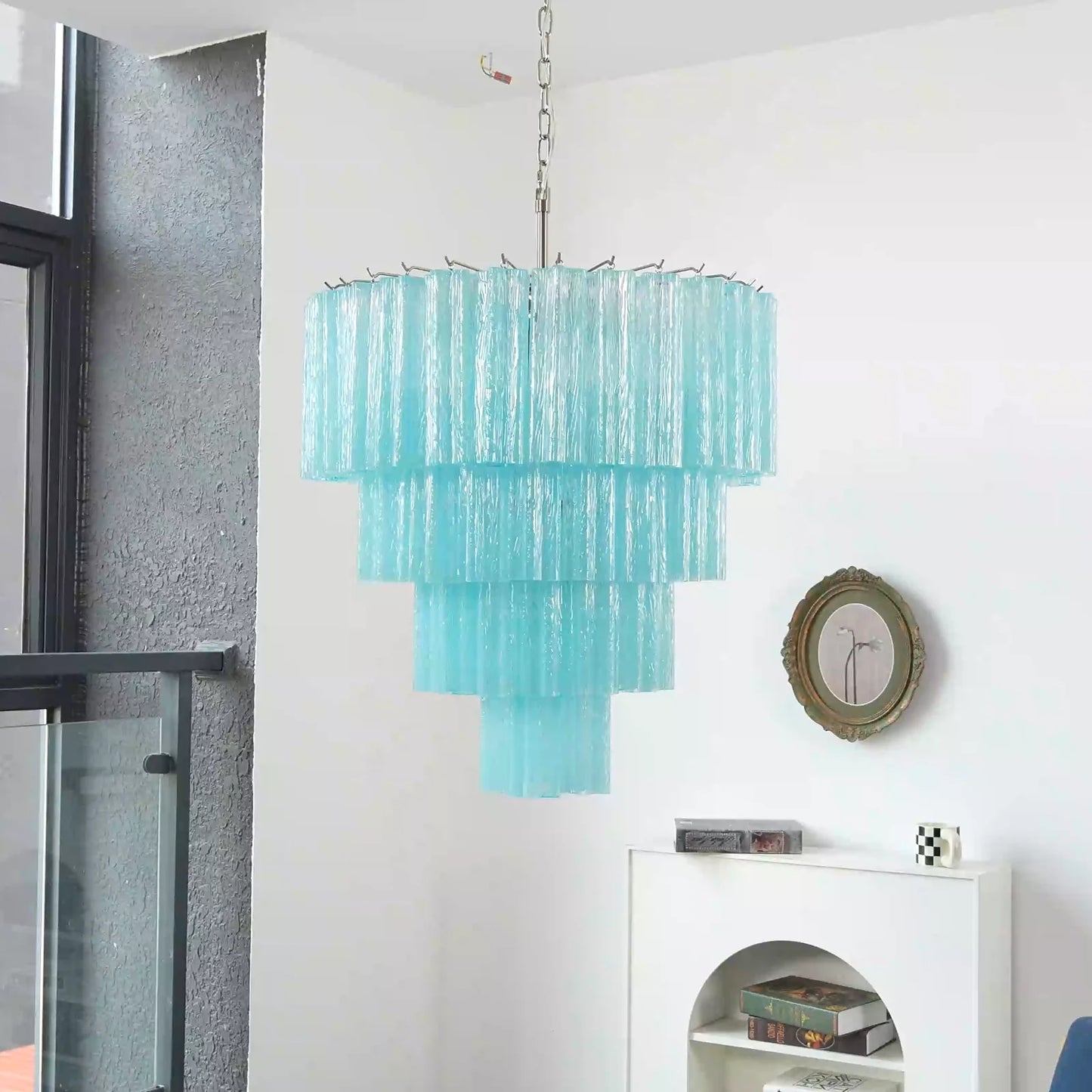 Lámpara de araña con tubos de cristal azul de Murano