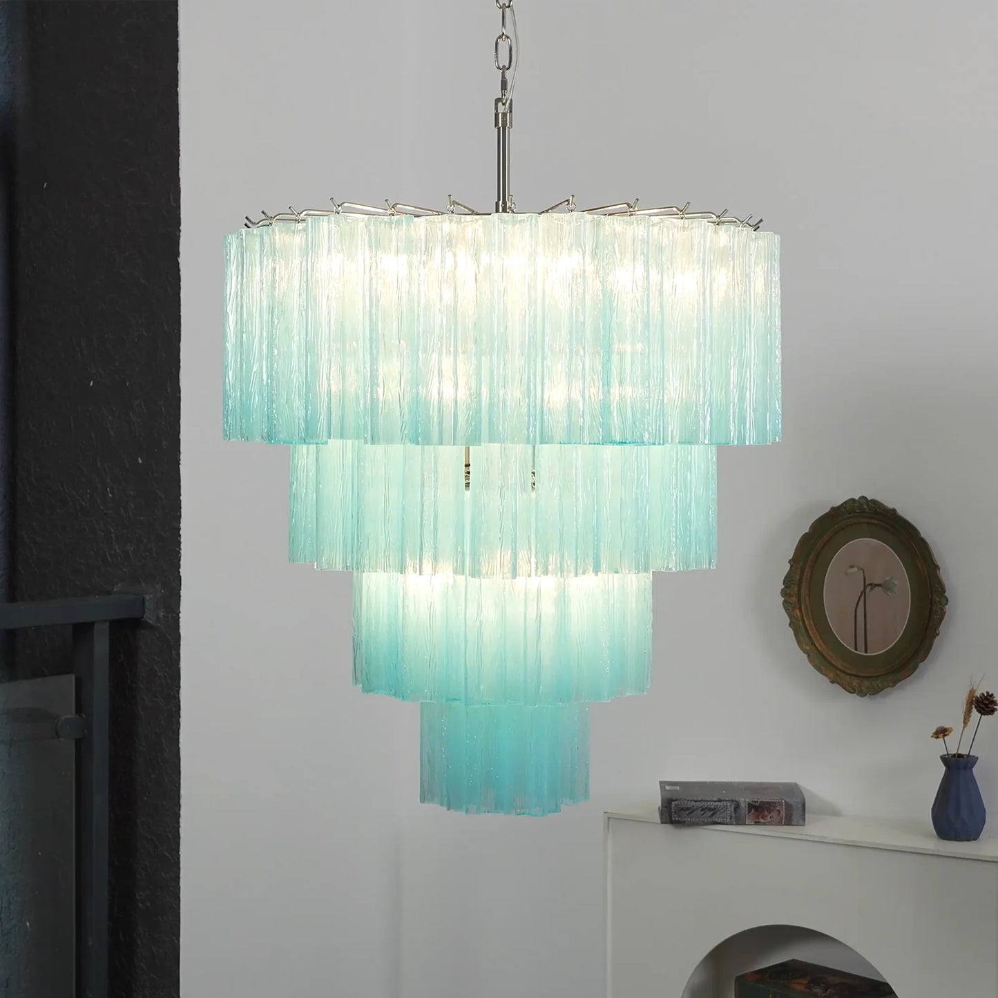 Lámpara de araña con tubos de cristal azul de Murano