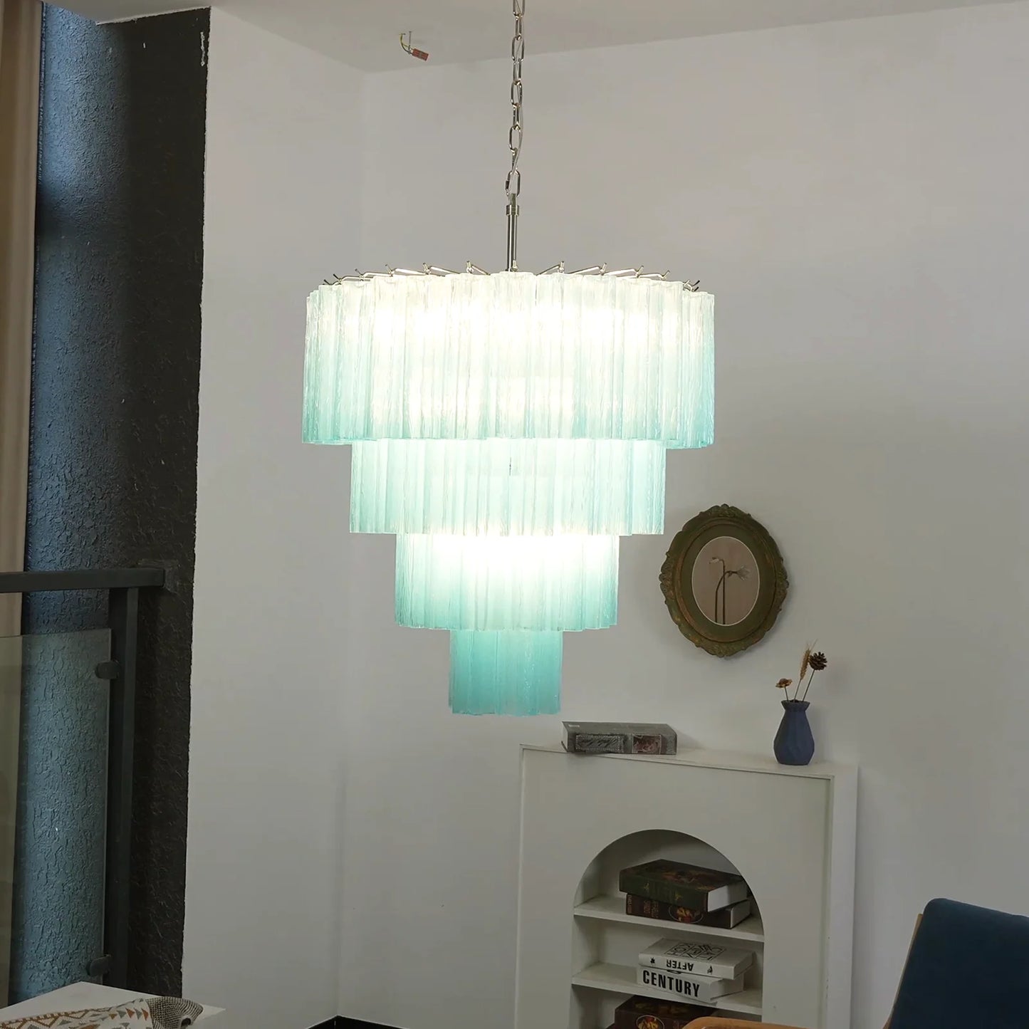 Lámpara de araña con tubos de cristal azul de Murano