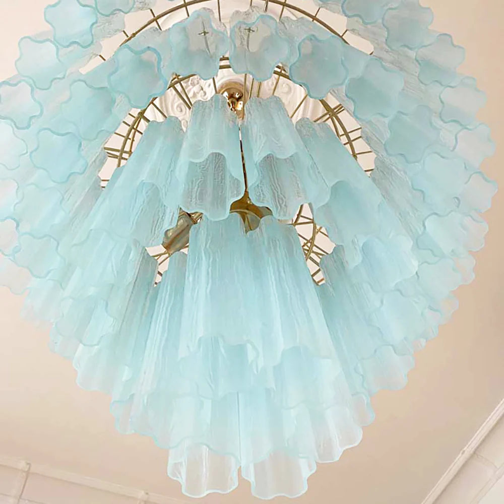 Lámpara de araña con tubos de cristal azul de Murano
