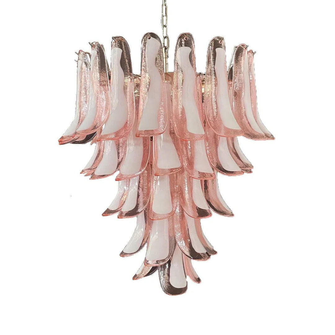 Lámpara de araña vintage con pétalos de cristal de Murano rosa