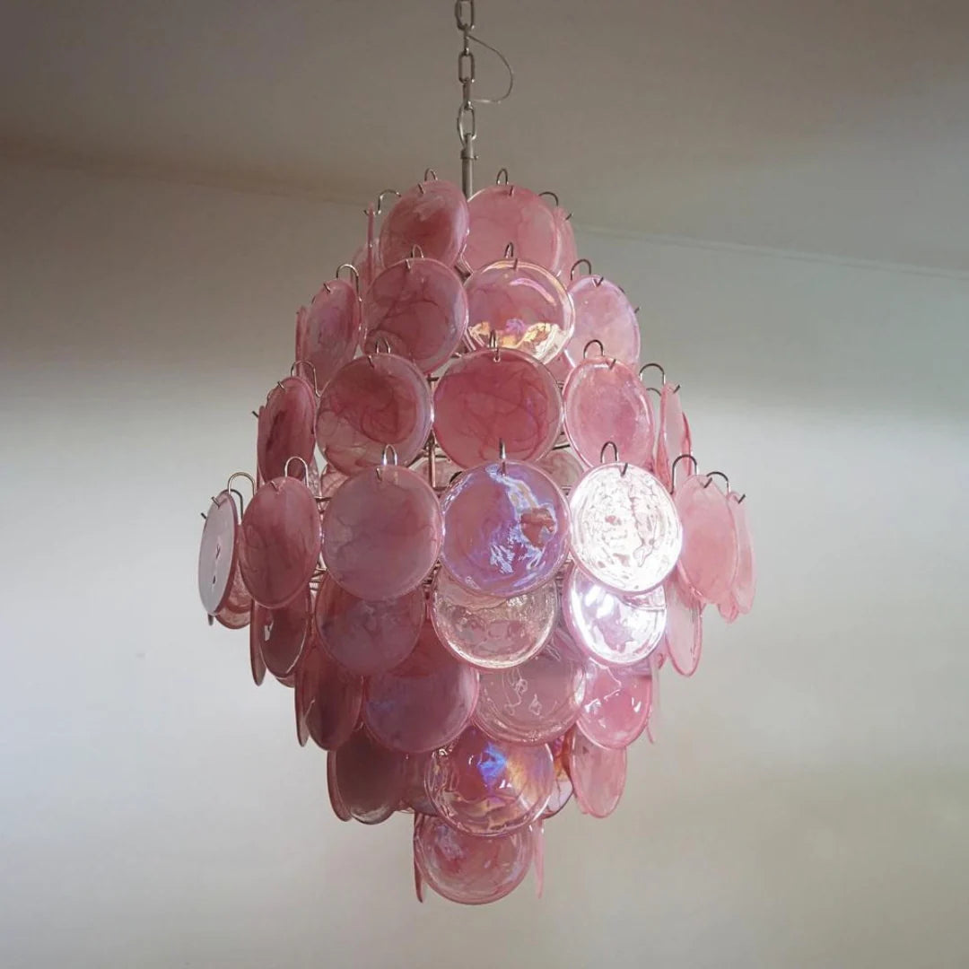 Enorme lámpara de araña vintage con discos rosas de Murano