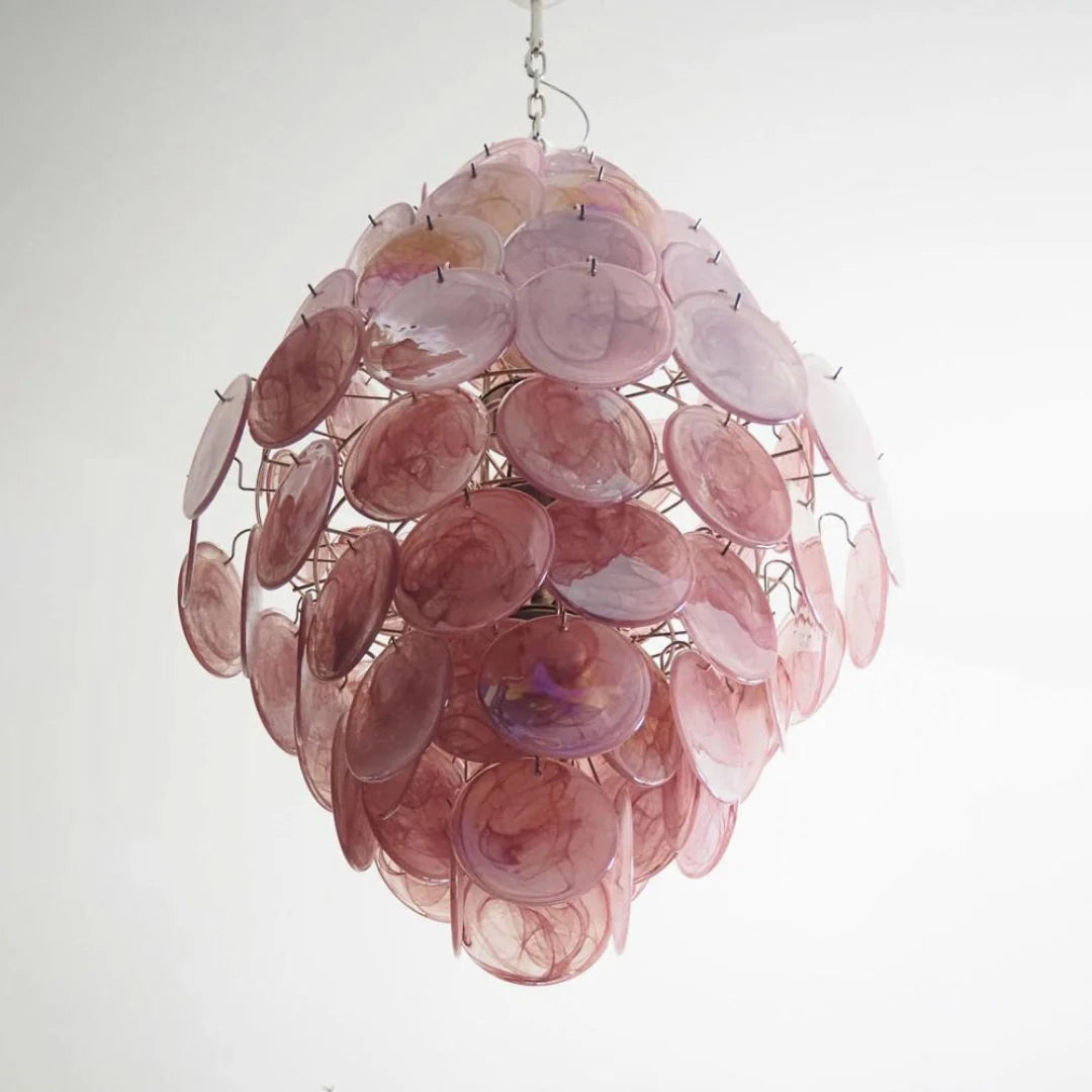Enorme lámpara de araña vintage con discos rosas de Murano