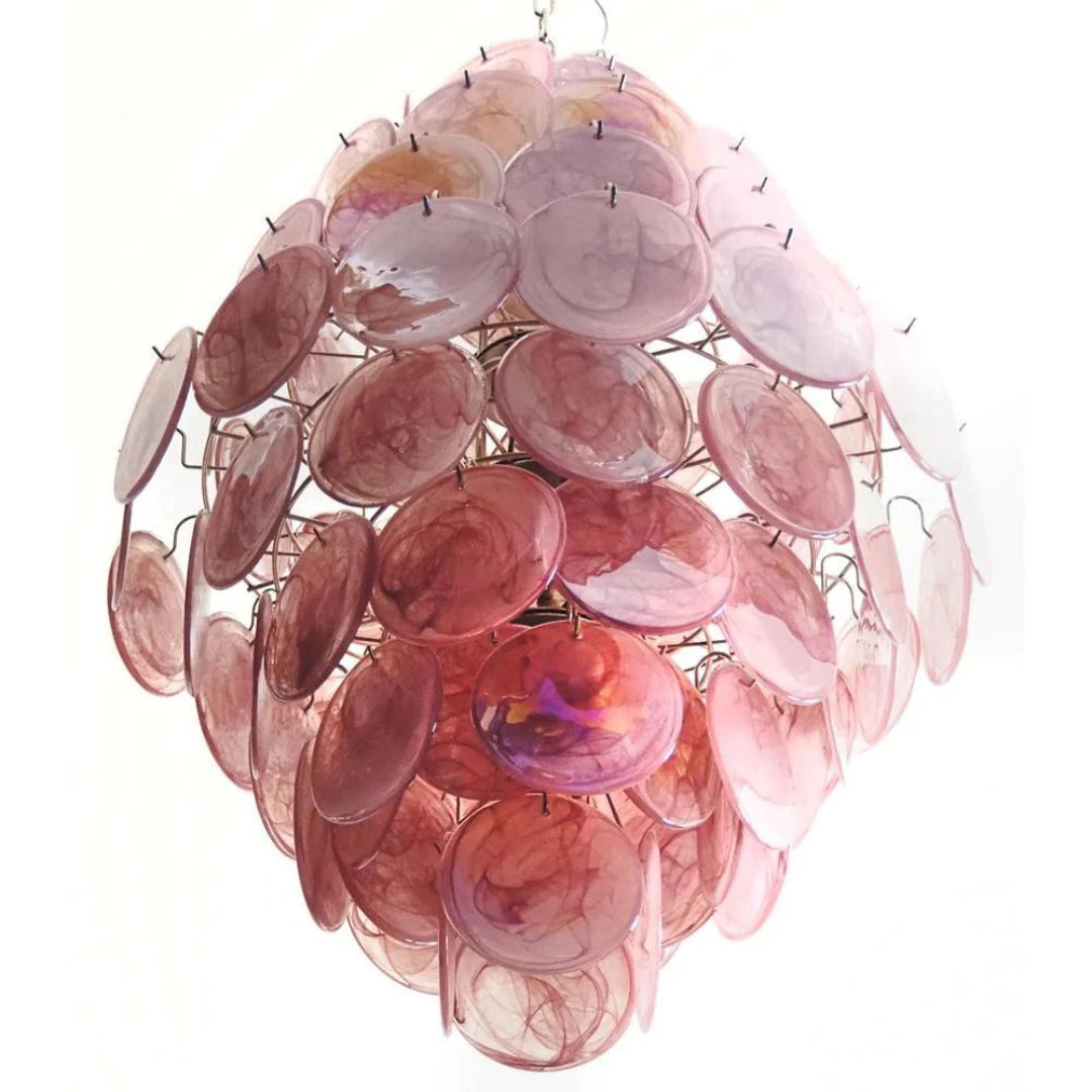 Enorme lámpara de araña vintage con discos rosas de Murano