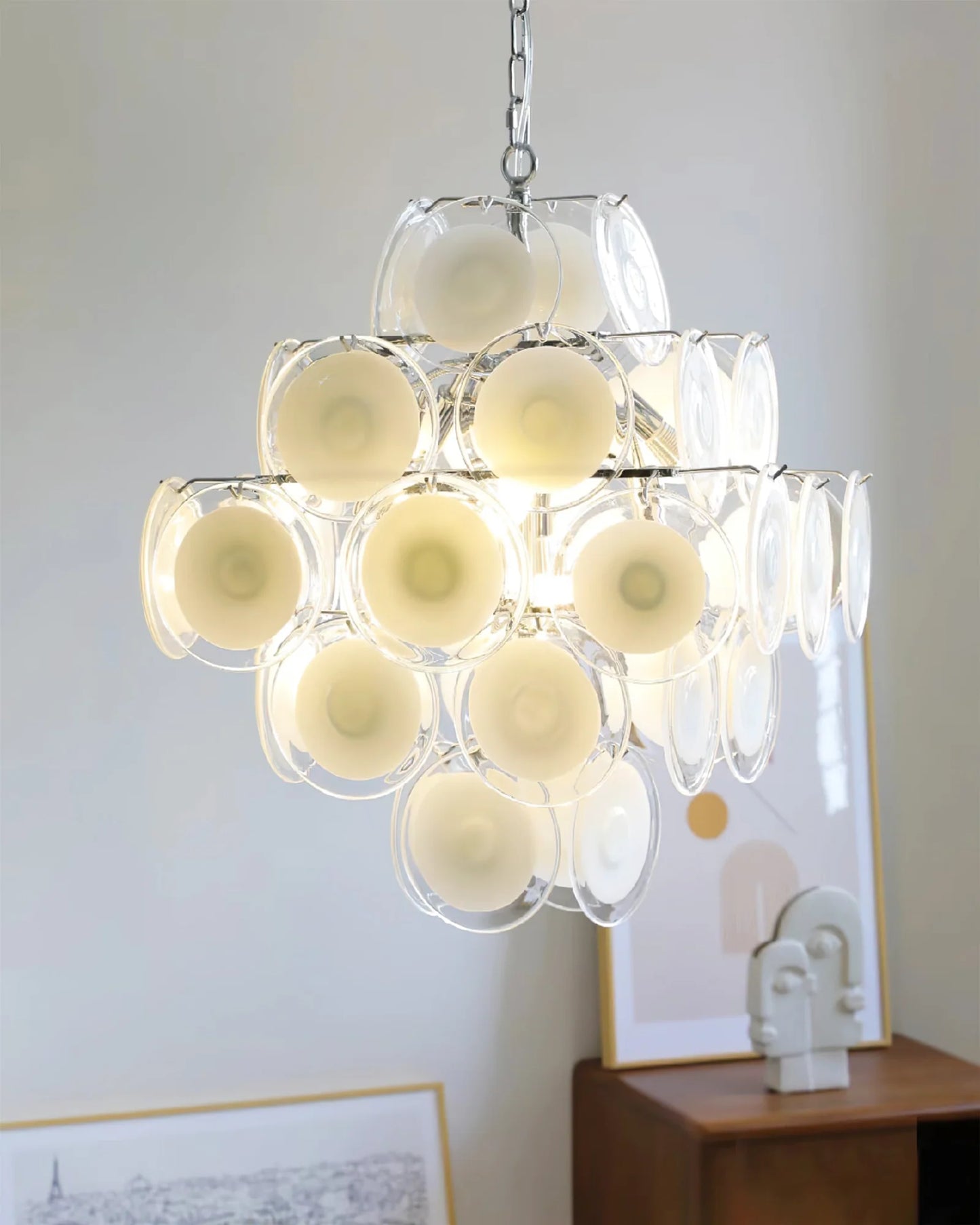 Lámpara de araña de cristal blanco transparente Murano Disc