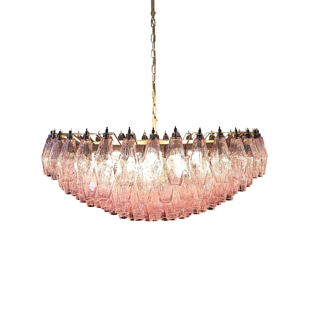 Lámpara de araña de cristal facetado Murano rosa de rombos