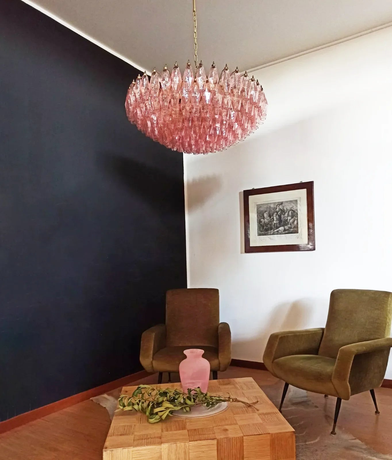 Lámpara de araña de cristal facetado Murano rosa de rombos