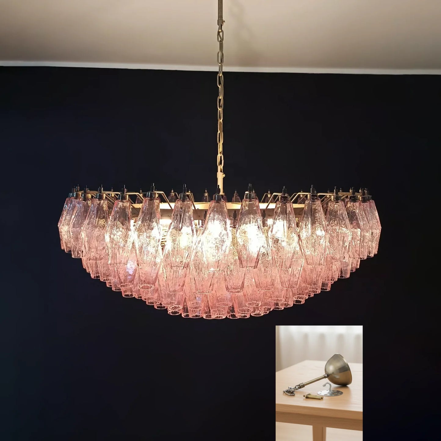 Lámpara de araña de cristal facetado Murano rosa de rombos