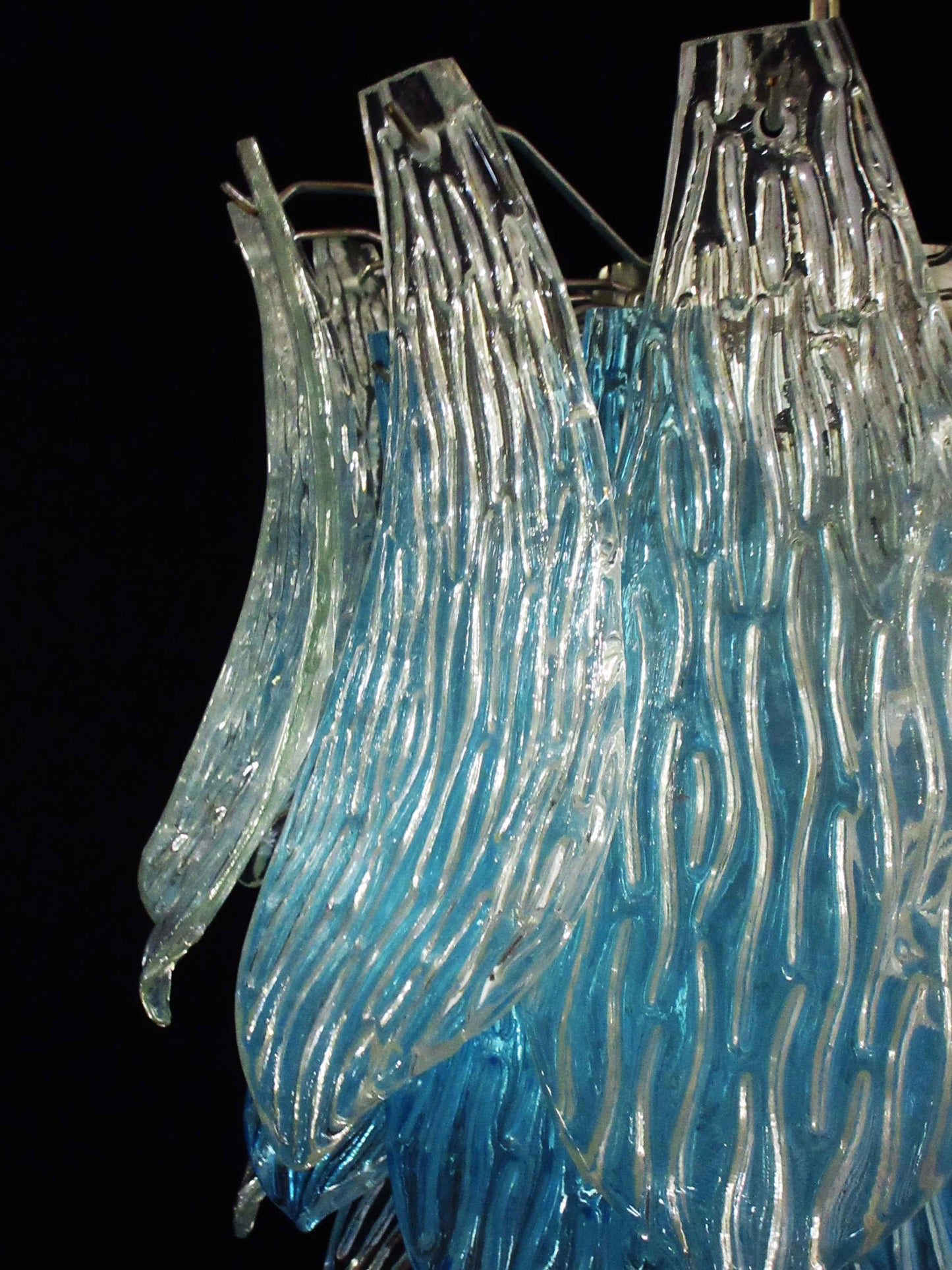 Lámpara de araña de cristal azul transparente de Murano vintage