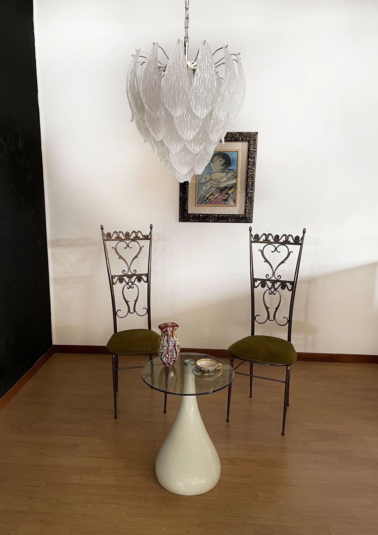 Lámpara de araña con hojas de cristal talladas esmeriladas de Murano
