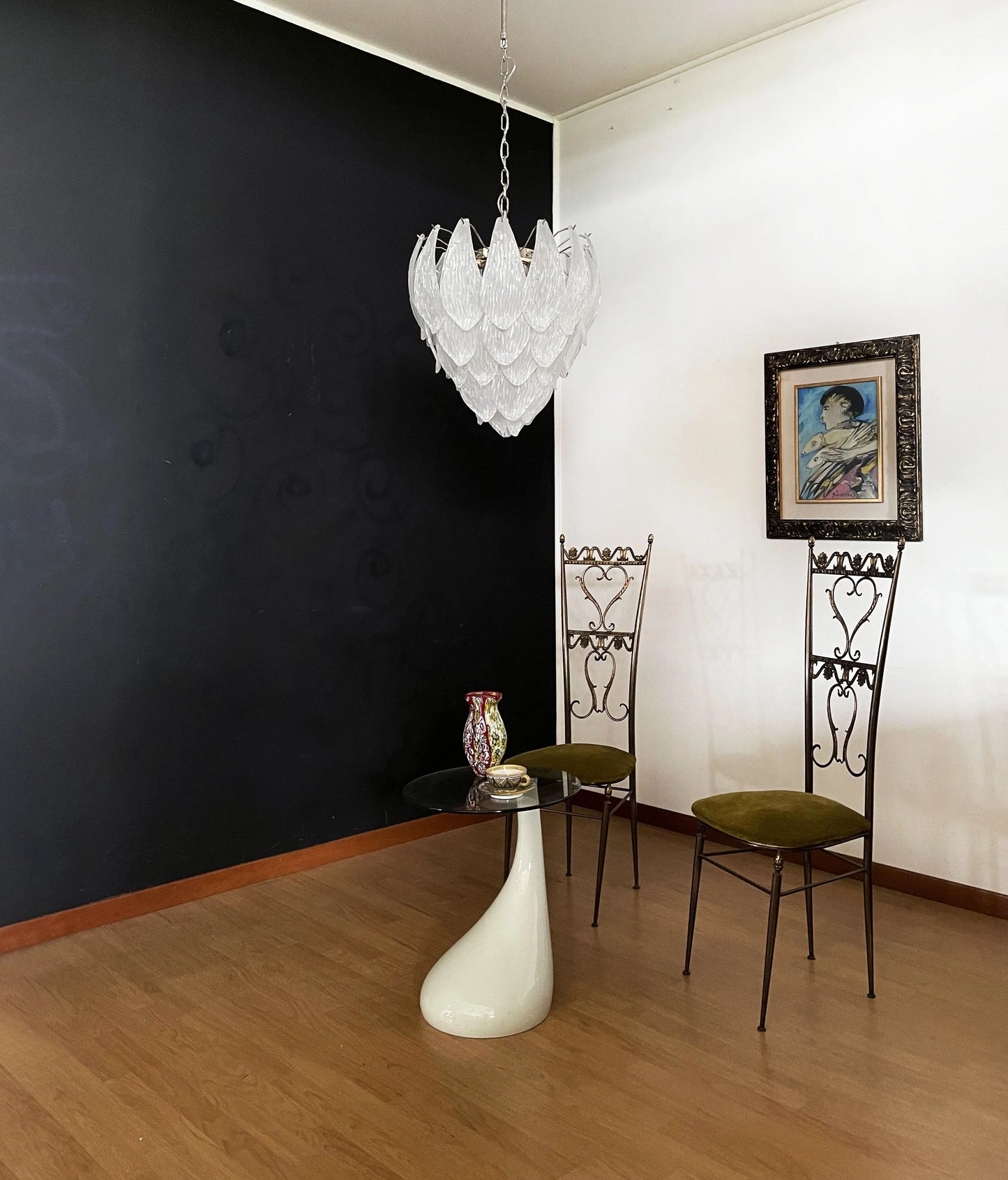 Lámpara de araña con hojas de cristal talladas esmeriladas de Murano