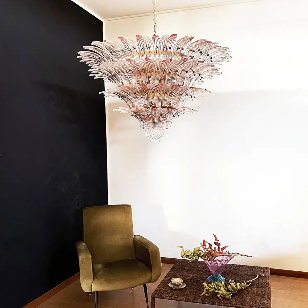 Lámpara de araña transparente Murano Palmette rosa