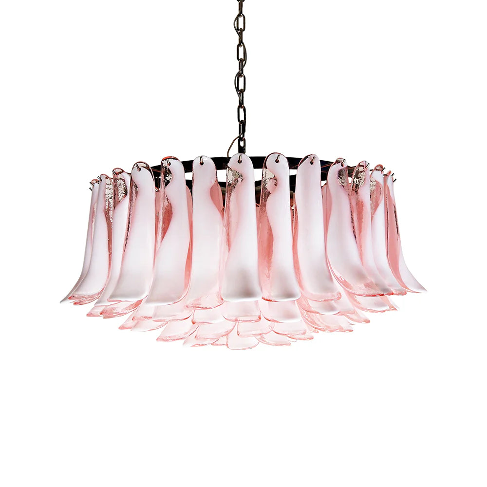 Lámpara de araña de pétalos de cristal rosa de Murano