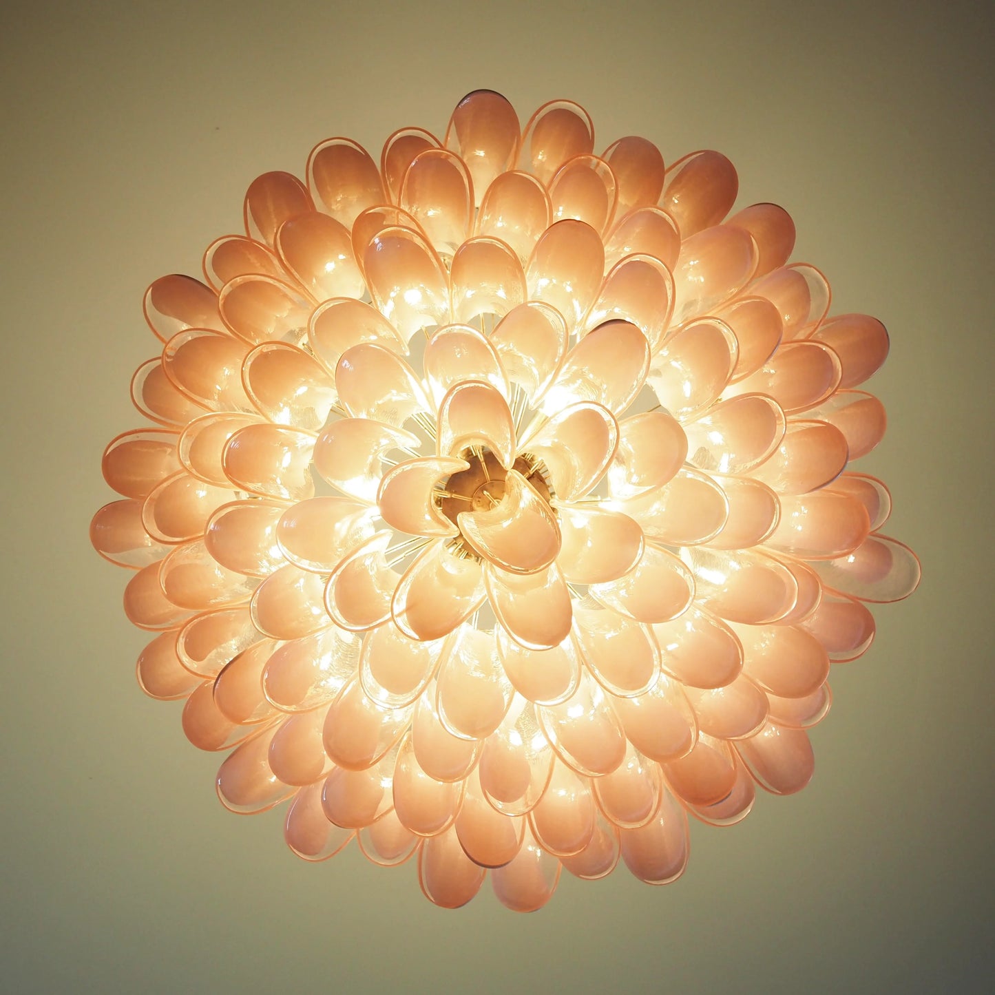 Lámpara de araña de pétalos de cristal rosa de Murano