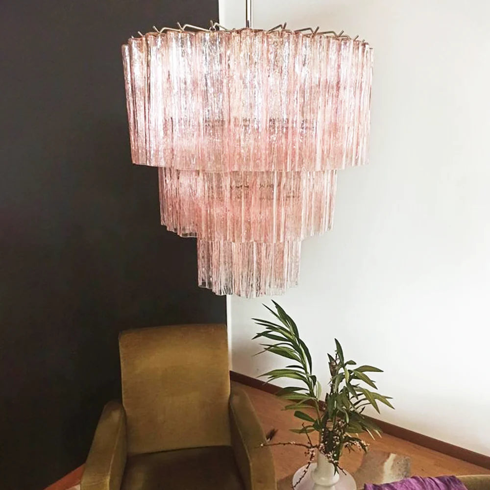 Lámpara de araña de tubo de cristal de Murano rosa