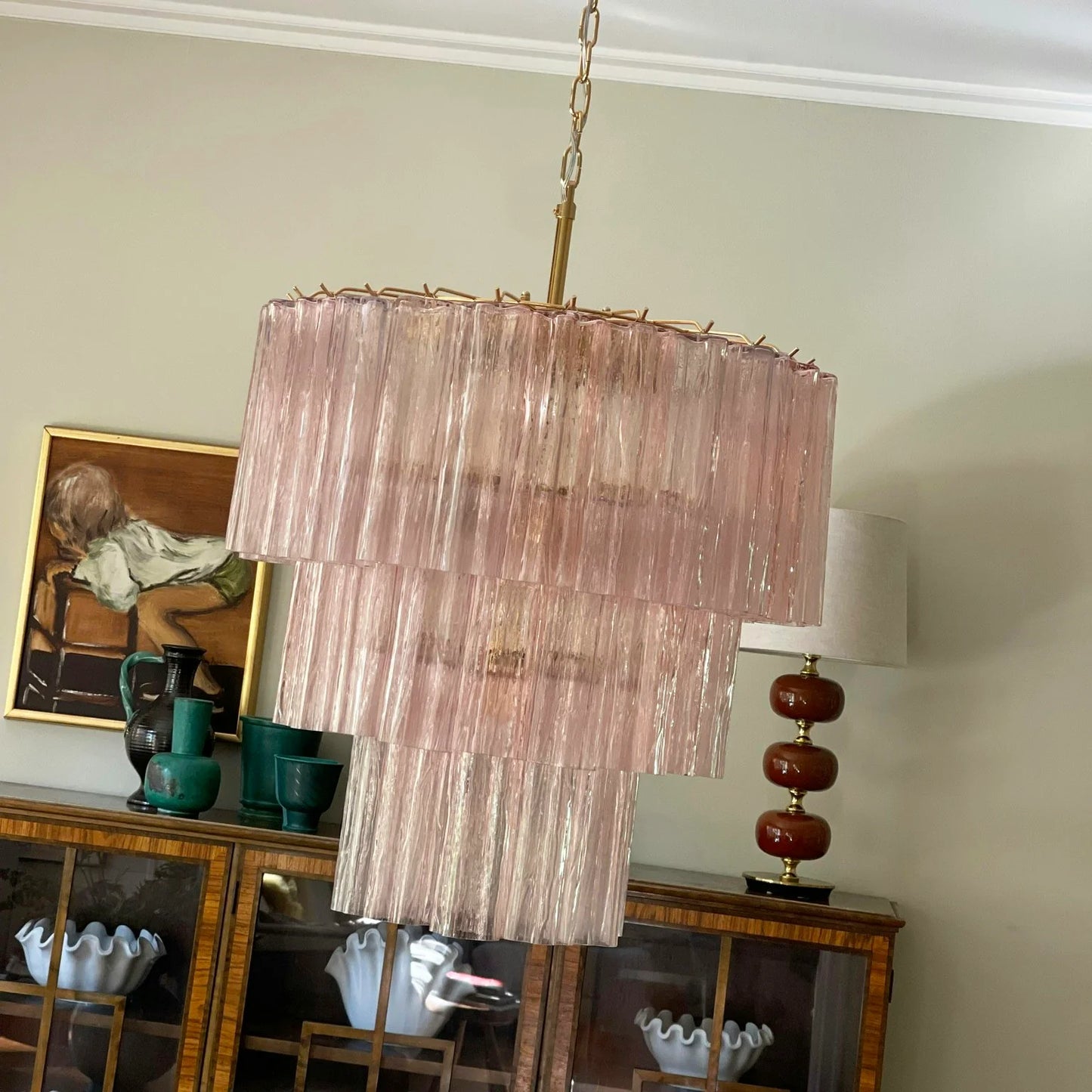 Lámpara de araña de tubo de cristal de Murano rosa