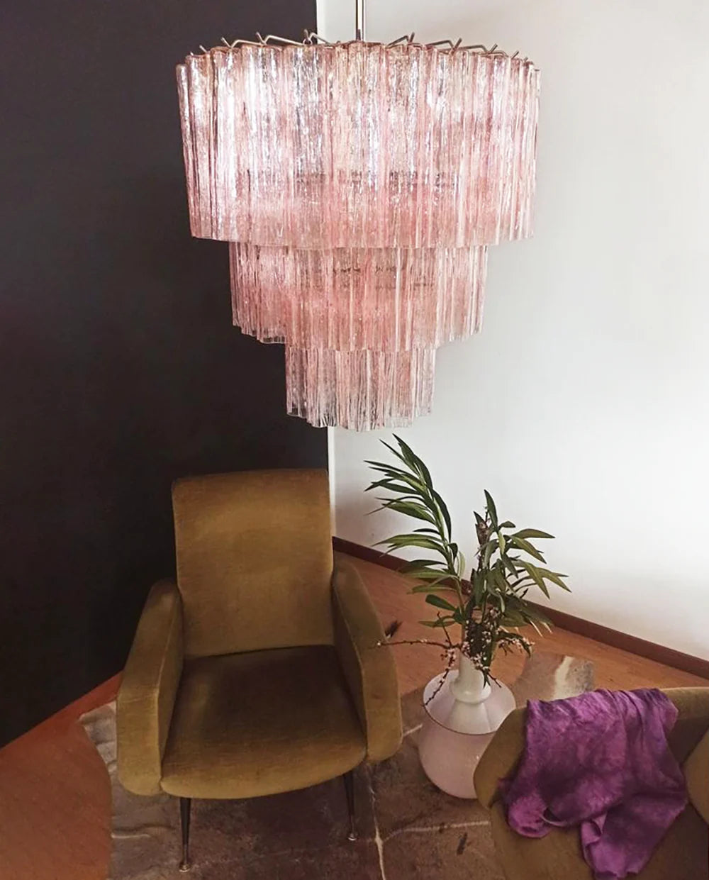 Lámpara de araña de tubo de cristal de Murano rosa