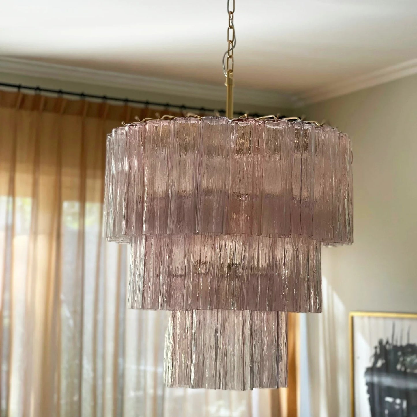 Lámpara de araña de tubo de cristal de Murano rosa
