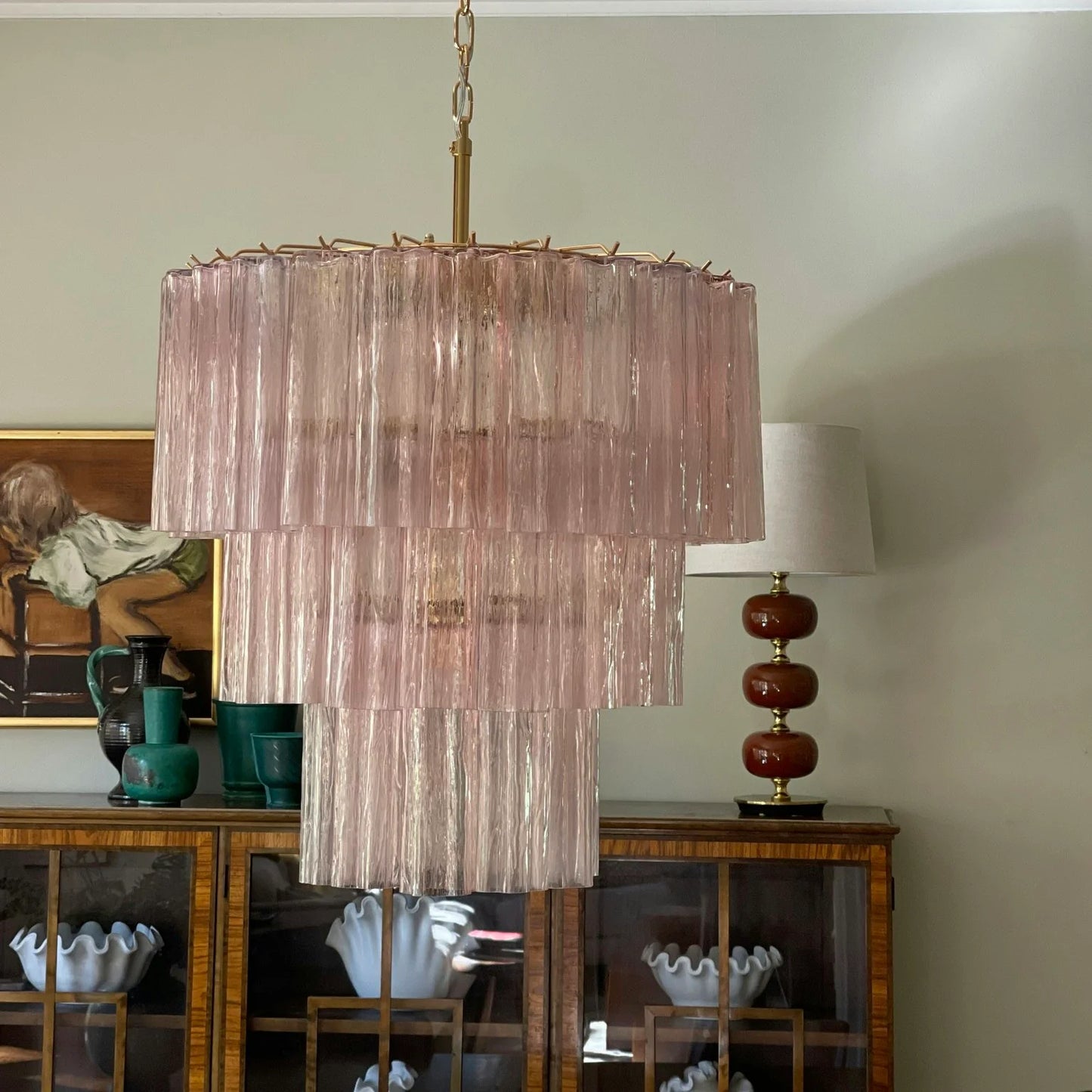 Lámpara de araña de tubo de cristal de Murano rosa