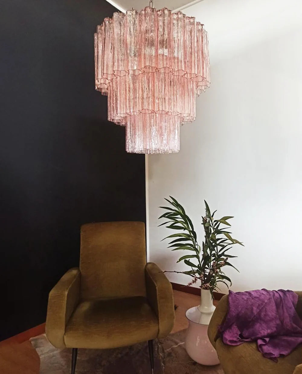 Lámpara de araña de tubo de cristal de Murano rosa