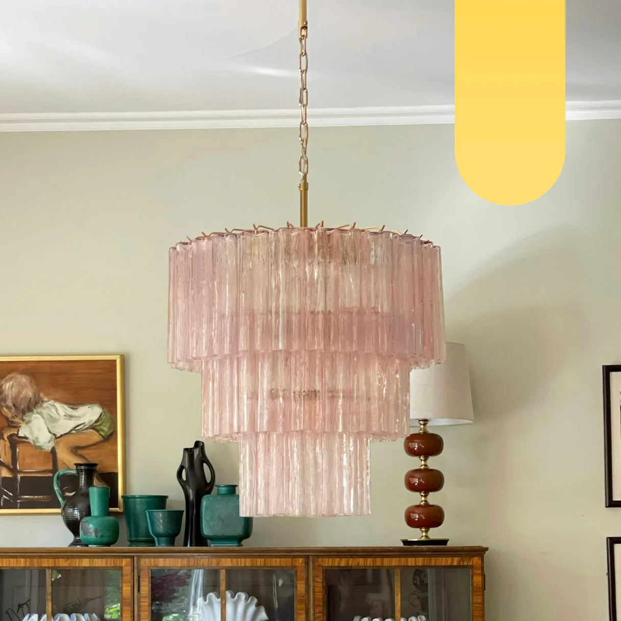 Lámpara de araña de tubo de cristal de Murano rosa