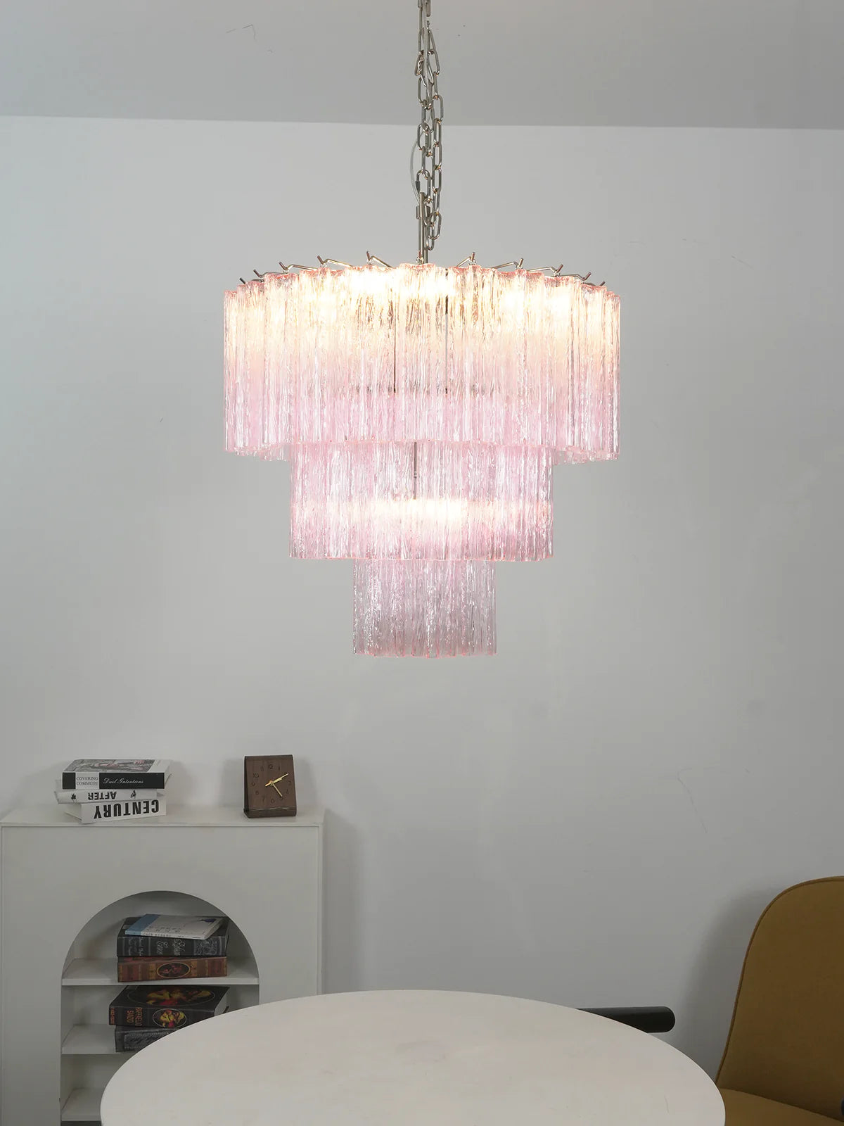 Lámpara de araña de tubo de cristal de Murano rosa