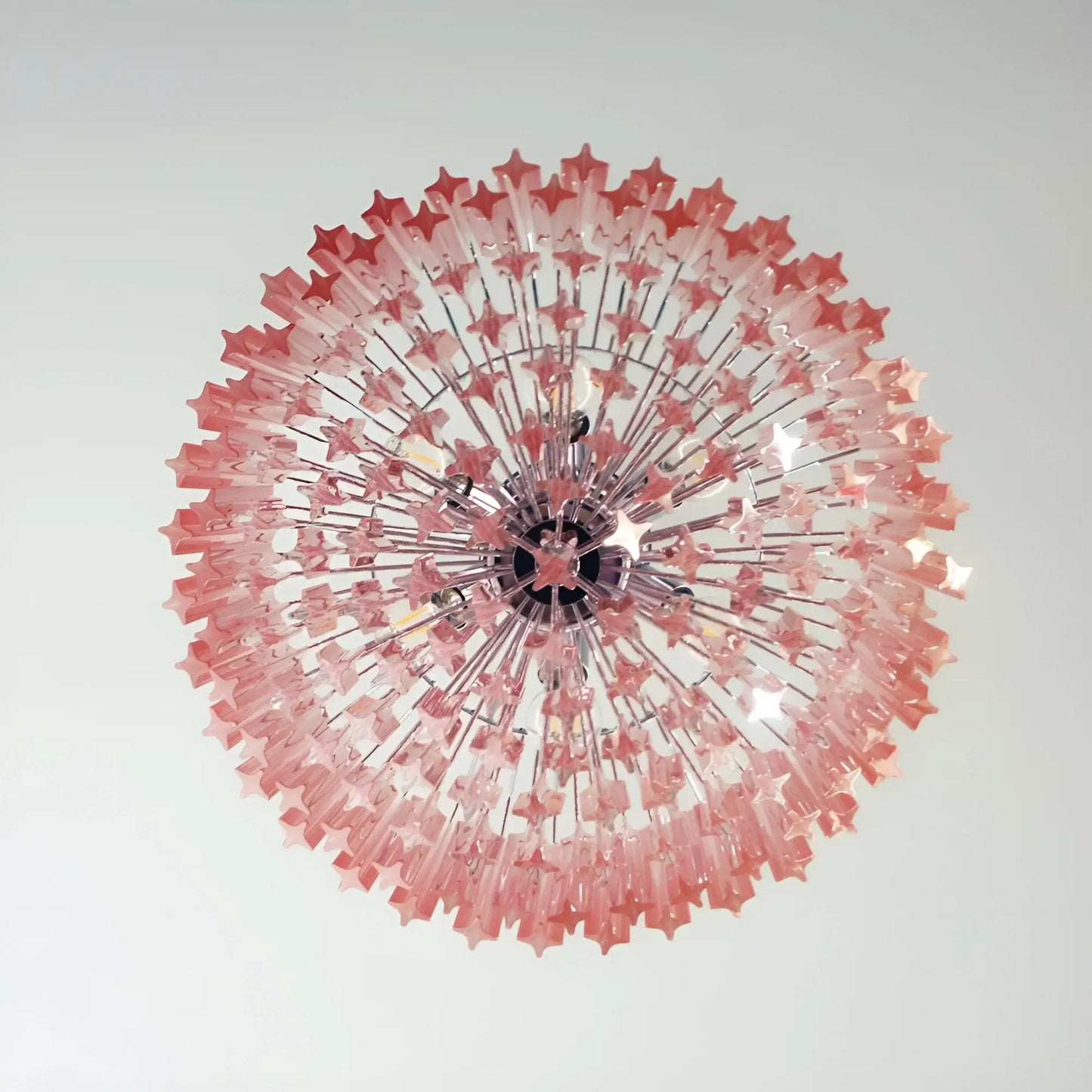 Lámpara de araña rosa con prismas Murano Quadriedri
