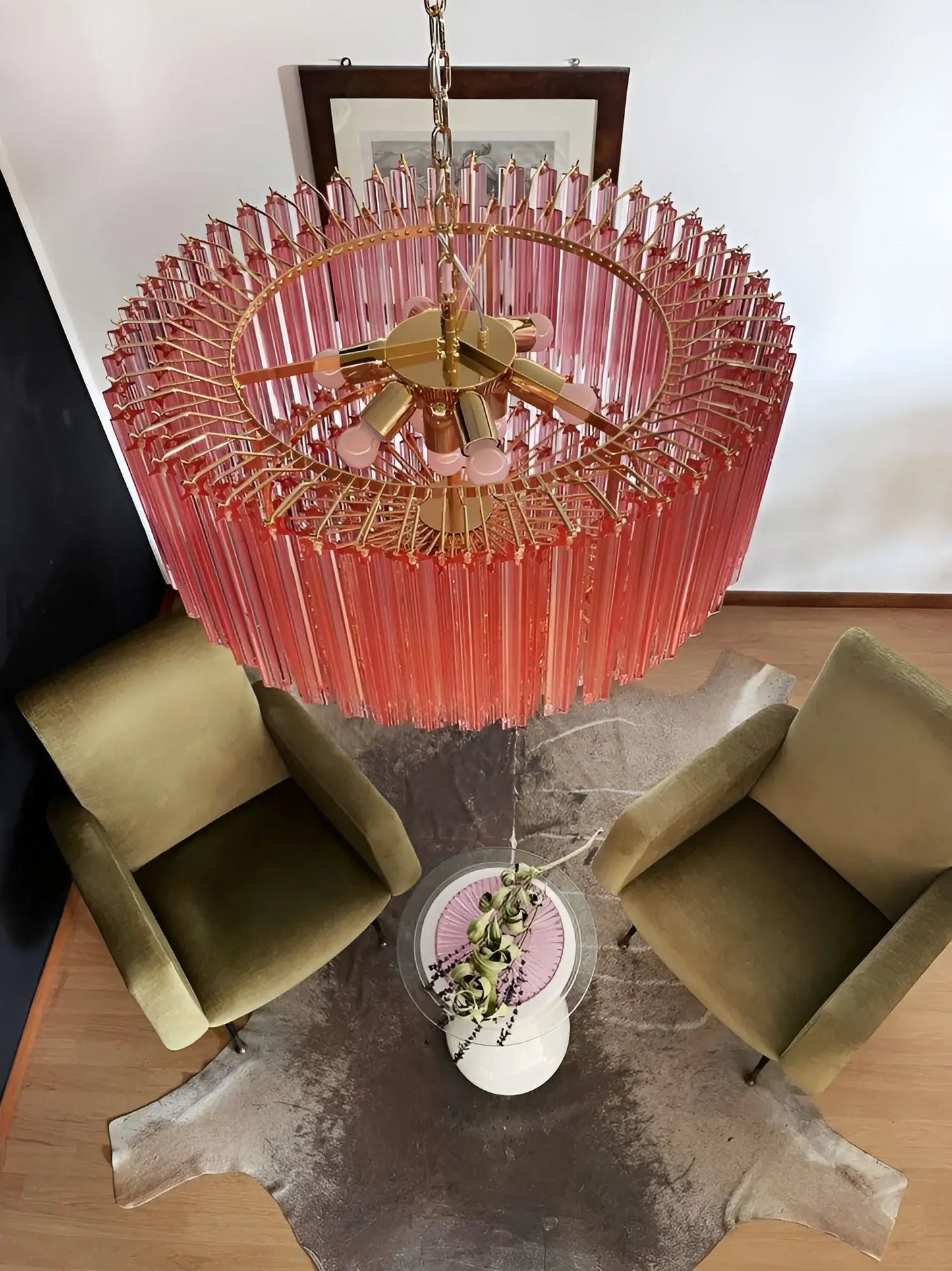 Lámpara de araña rosa con prismas Murano Quadriedri