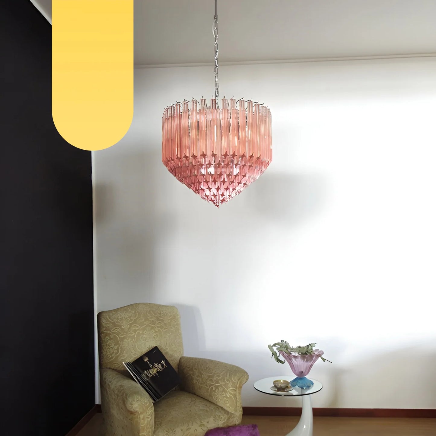 Lámpara de araña rosa con prismas Murano Quadriedri