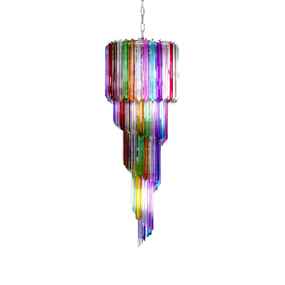 Lámpara de araña de cristal de Murano en espiral con prismas multicolores