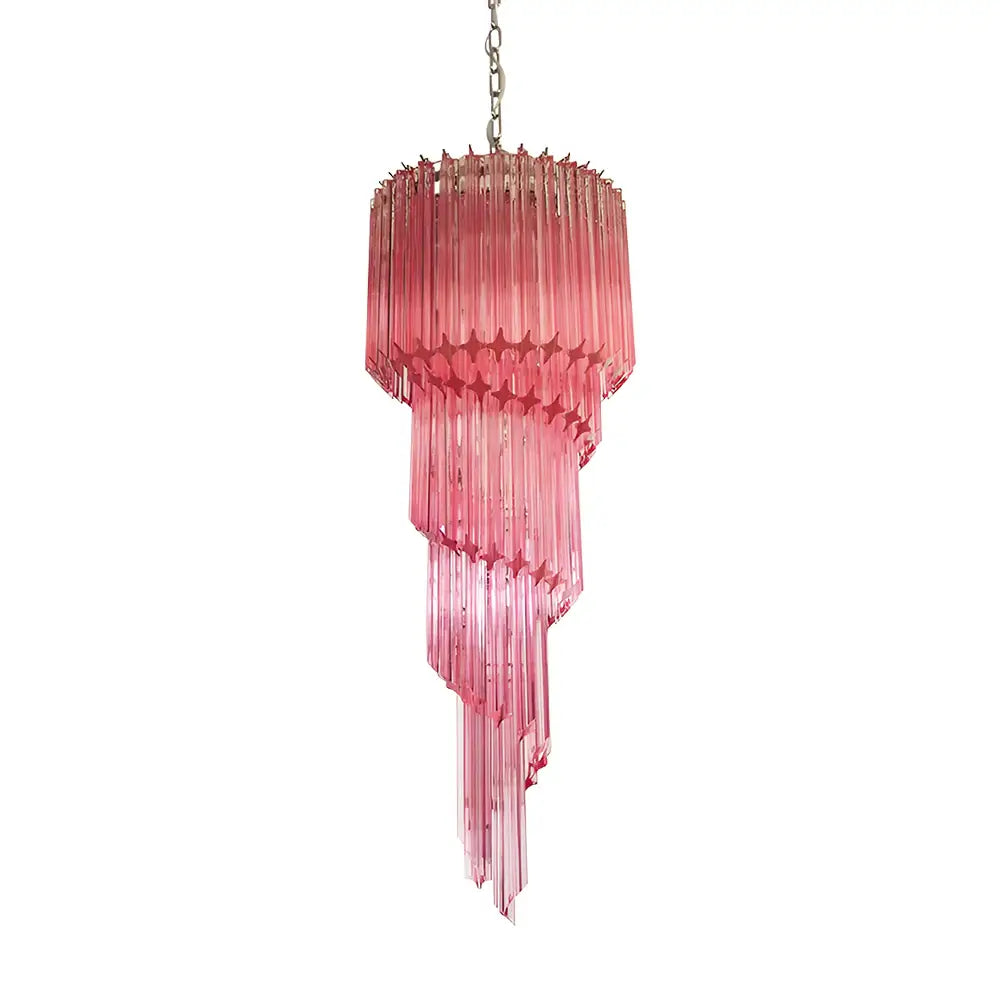 Lámpara de araña de cristal rosa con espiral prismática de Murano