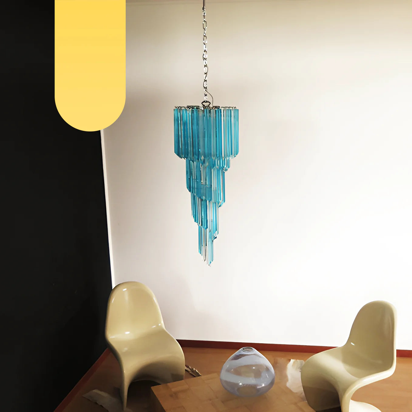 Lámpara de araña de cristal azul transparente Murano Spiral Prism
