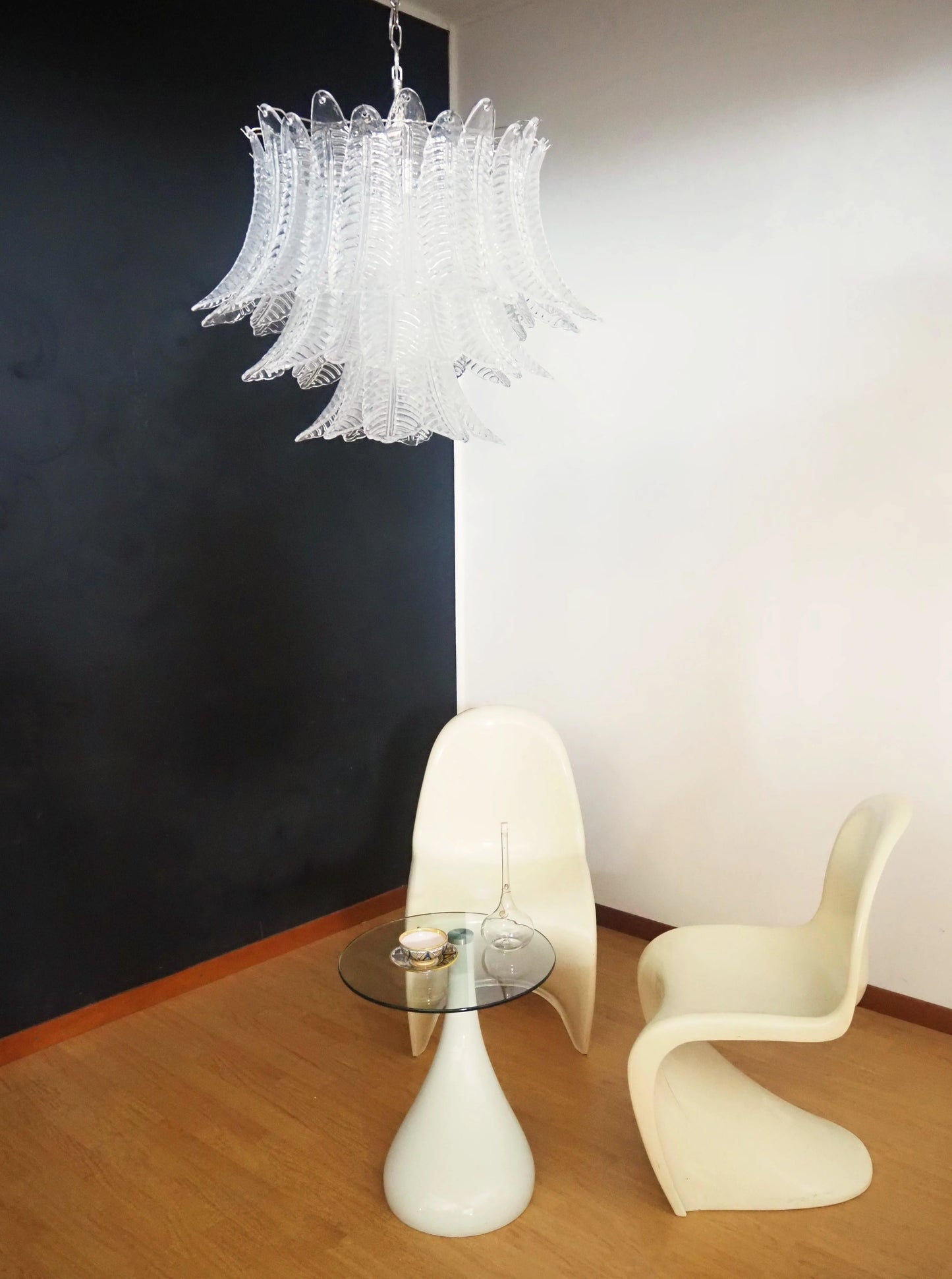 Lámpara de araña de cristal transparente con helechos de Murano