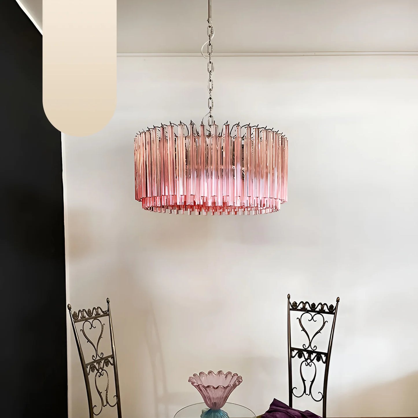 Lámpara de araña Murano Triedri rosa con prismas redondos