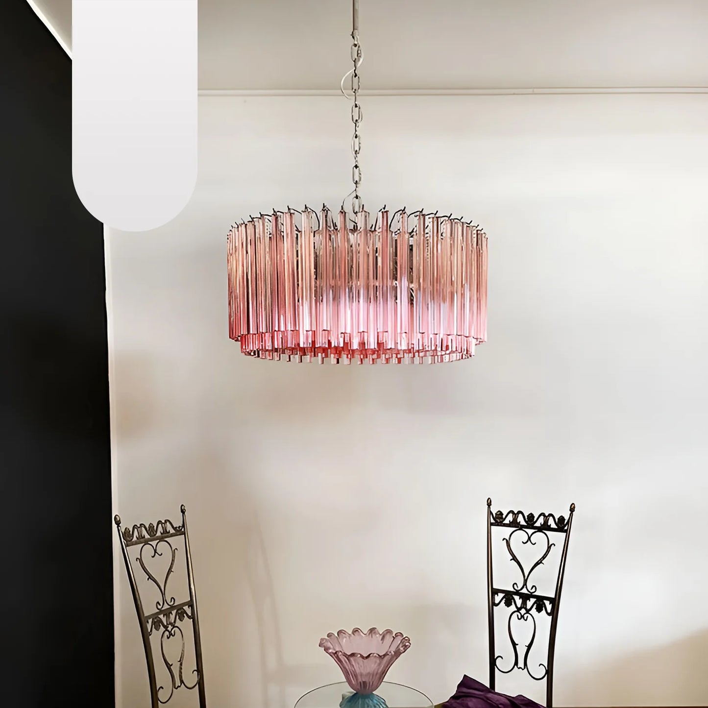 Lámpara de araña Murano Triedri rosa con prismas redondos