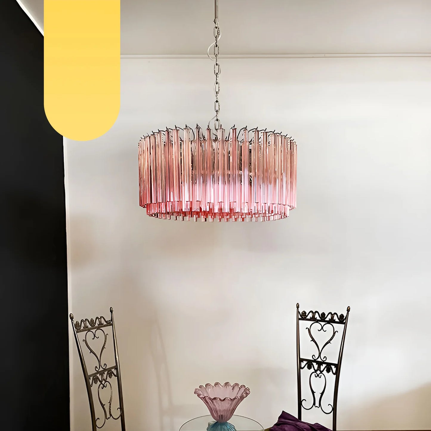 Lámpara de araña Murano Triedri rosa con prismas redondos