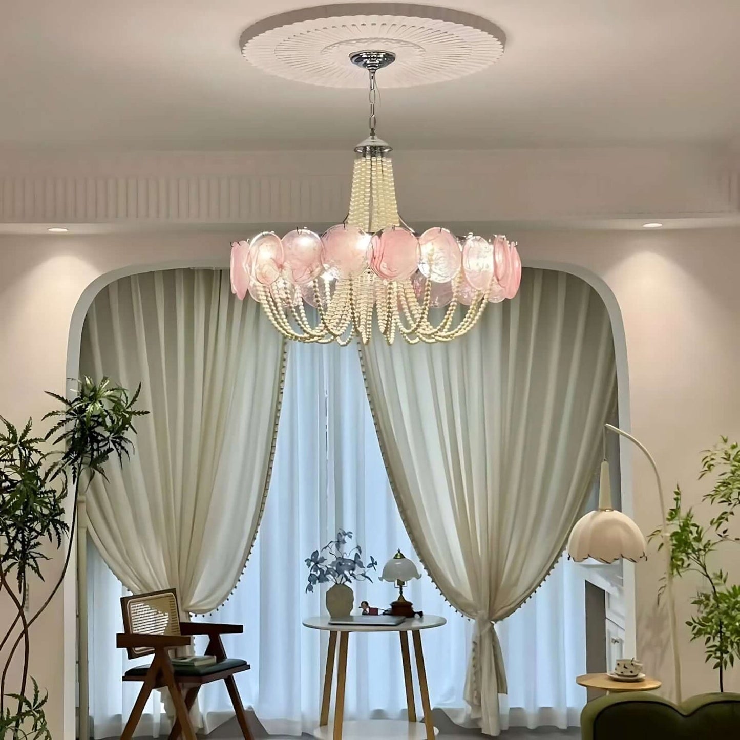 Araña de cristal rosa en forma de disco Murano