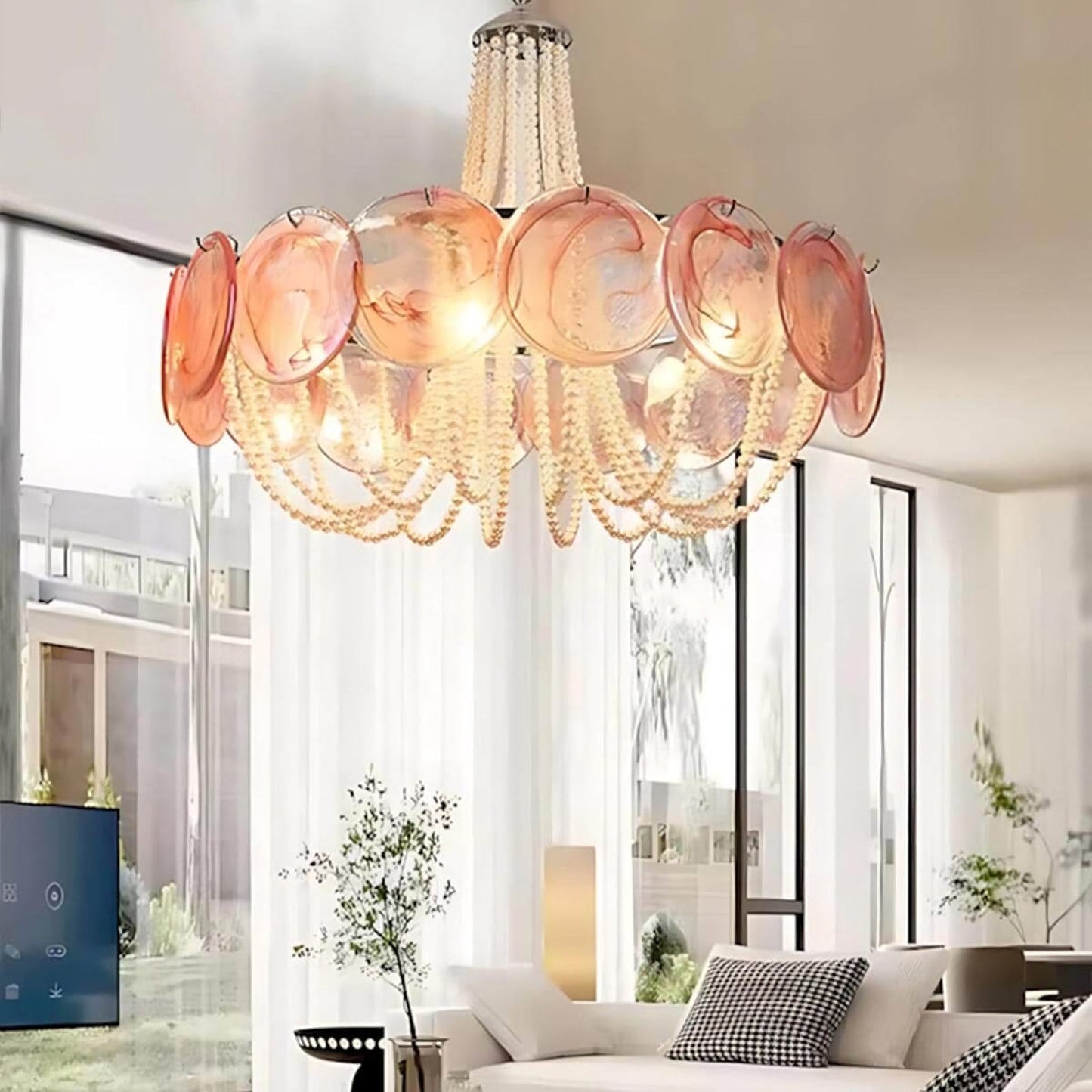 Araña de cristal rosa en forma de disco Murano