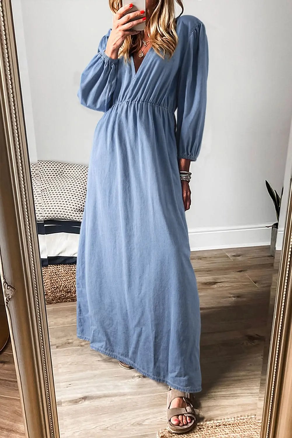 Dresses Love Salve Chambray Blue Dress Women's Daily Maxi Dress Deep V, Bracelet Sleeves