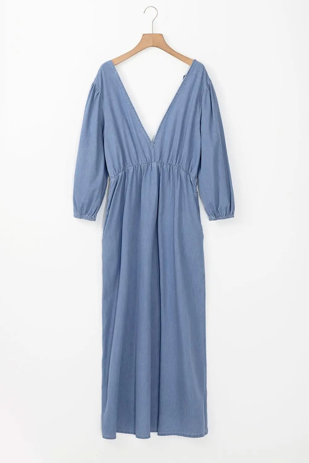 Dresses Love Salve Chambray Blue Dress Women's Daily Maxi Dress Deep V, Bracelet Sleeves