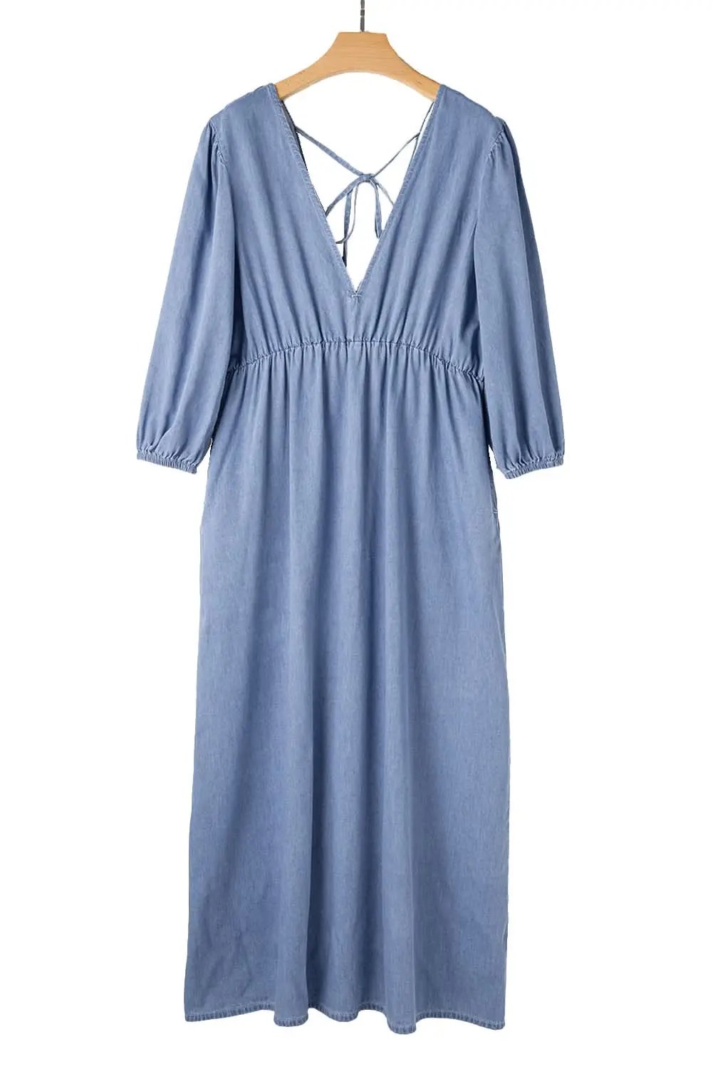 Dresses Love Salve Chambray Blue Dress Women's Daily Maxi Dress Deep V, Bracelet Sleeves